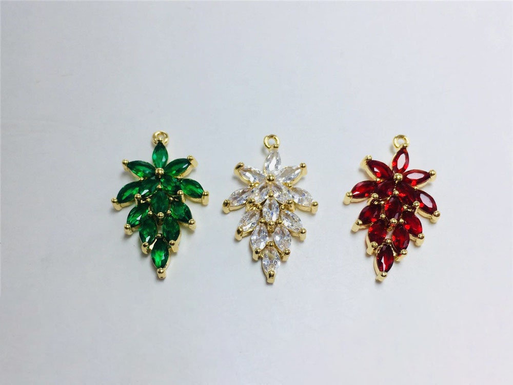 CZ Pave Leaf Charm, Cubic Zircon Crystal Leaf Pendant, CZ Earring Charms,  Real Gold Plated Brass Earring Charms, Jewelry Finding ZR016-F039