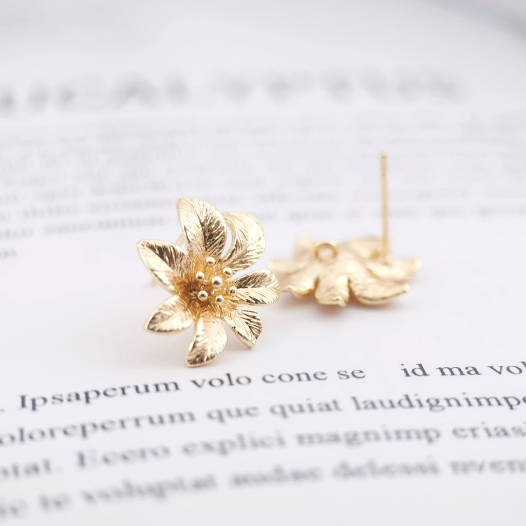 4PCS Flower Earring Post, 18K Real Gold Plated Brass Stud Earring With Loop, Nickel Free, Earring Finding ZX005