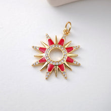 Load image into Gallery viewer, Enamel Sun Charm, Cubic Sunshine Round Pendant, 18K Shiny Gold Plated Micro CZ Pave, 23.5mm, Necklace Making Charm, Jewelry Findings S1135