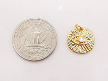 Load image into Gallery viewer, Cubic Evil Eye Charm, 18K Gold Plated Micro CZ Pave Round Pendant, 15mm, Necklace Making Charm, Jewelry Findings S129