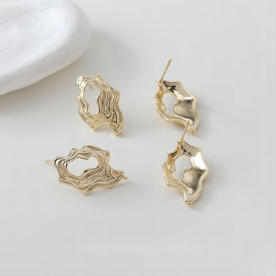 Irregular 14K Gold Pleated Openwork Post with Loop, Gold/Silver, S925 Silver Pin Nickel Free Earrings, Hypoallergenic Earring Findings GE022