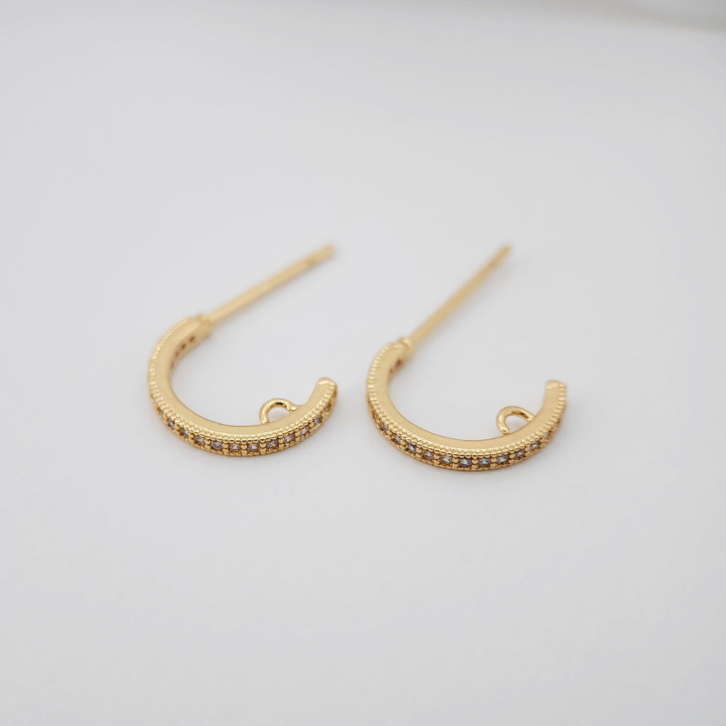 10PCS C Shape Ear Post with Loops, Nickel Free, CZ Pave, 12x2mm, 18K Gold Plated Circle Stud Earring Finding S274