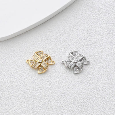 Small Windmill Connector, Gold Plated Windmills,  18K Gold, CZ Pave Charm, Earring Necklace Making Finding S1372