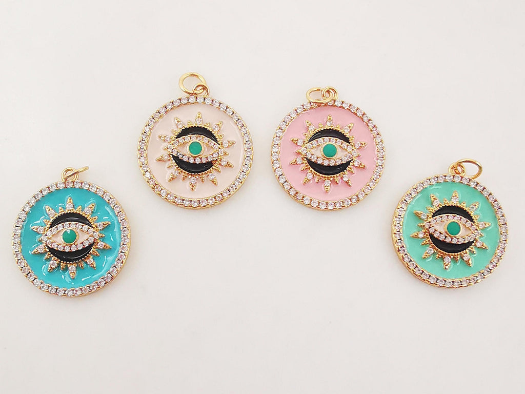 Enamel Cubic Evil Eye Charm, 18K Gold Plated Micro CZ Pave Round Pendant, 21mm, Necklace Making Charm, Jewelry Findings S20229