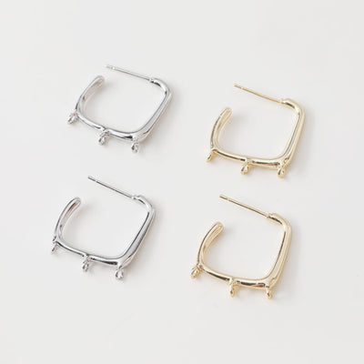 14k Gold Square Earrings, with 3 Loops, S925 Silver Ear Pin Nickel Free Earrings, Ear Stud Loop, Hypoallergenic Earring Findings BB026