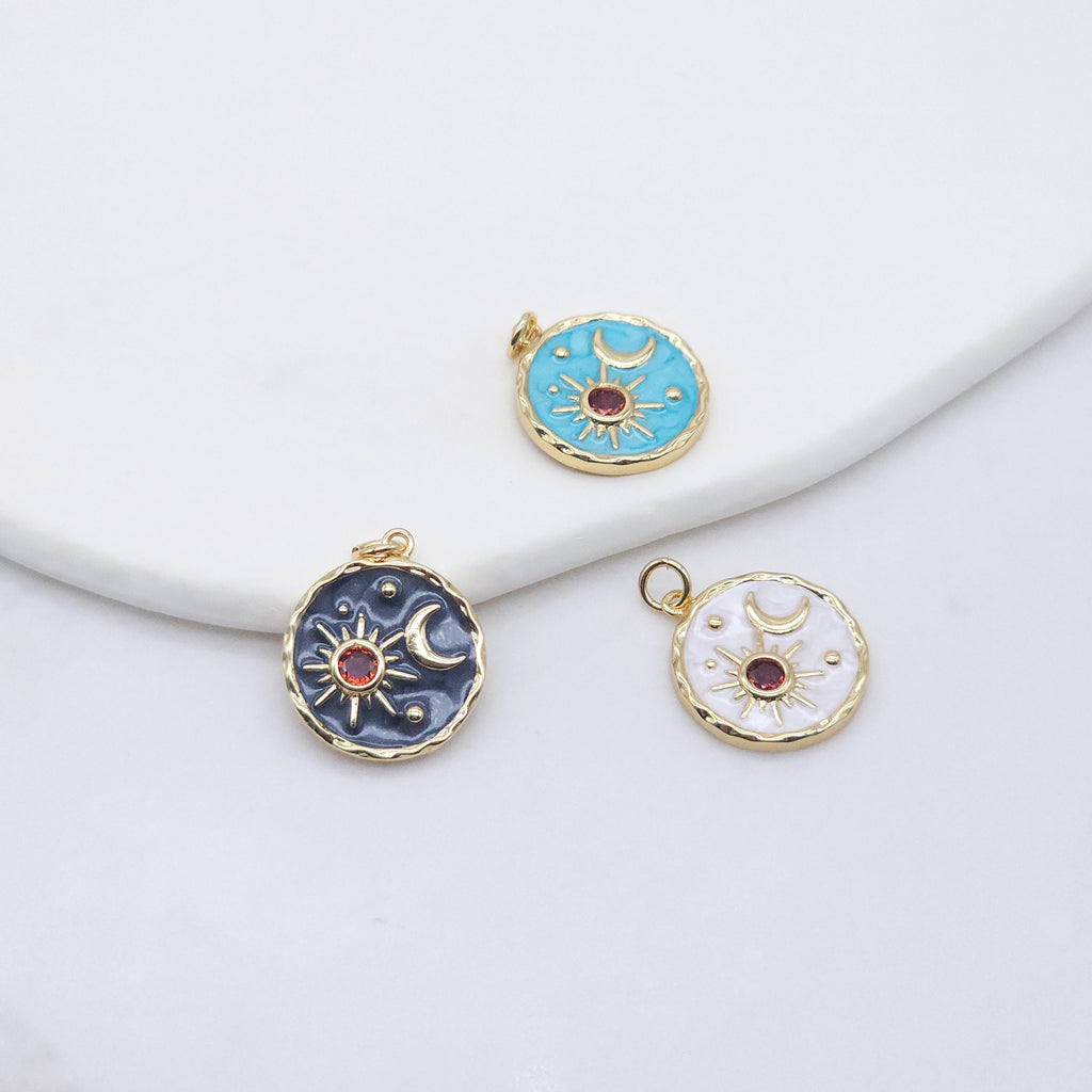 Enamel Cubic Moon & Star Charm, 18K Gold Plated Multicolor Pave Round Pendant, 18mm, Necklace Making Charm, Jewelry Findings S20235