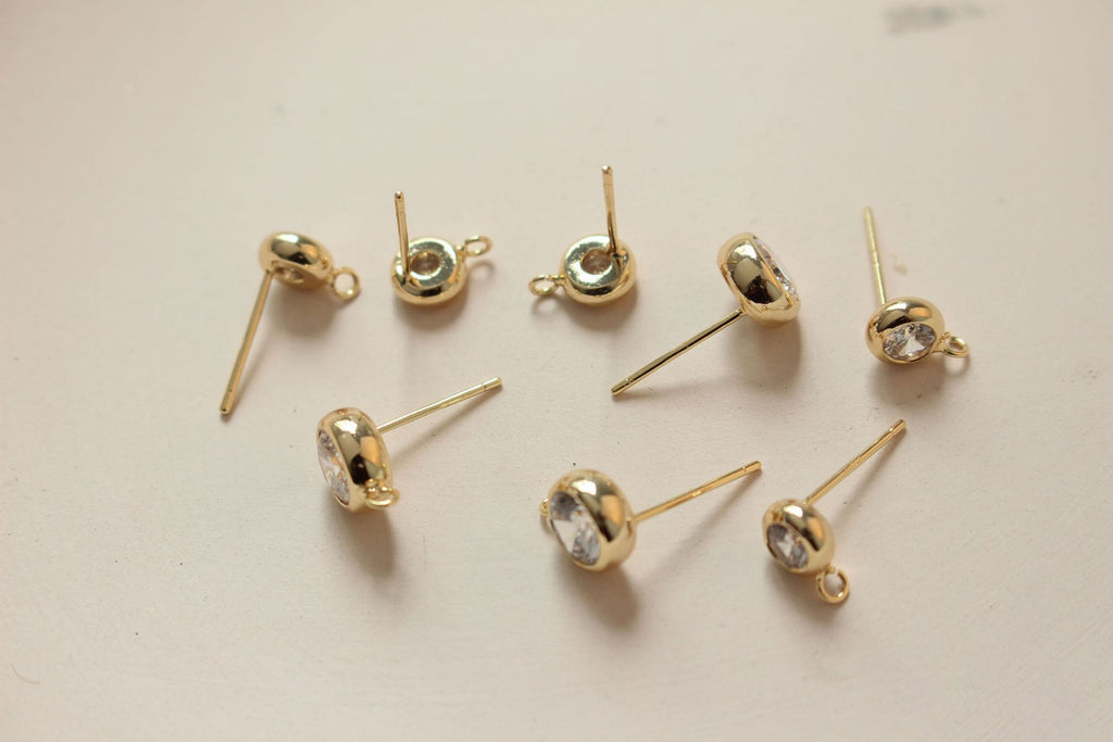 10PCS Tiny Ear Post with Loops, S925 Silver Ear Pin Nickel Free, Micro CZ Pave, 6mm/7mm, 14K Gold Plated Stud Earring Finding BB068
