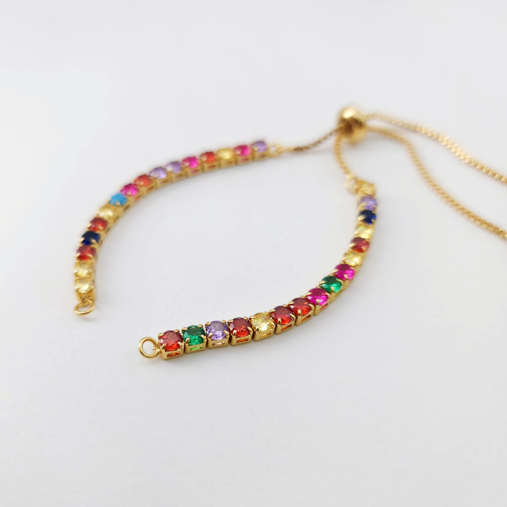 Cadena ajustable para hacer pulseras, cadena de tenis con pavé de circonitas arcoíris, chapada en oro de 18 quilates, cadena deslizante semiterminada con tope de goma S1233