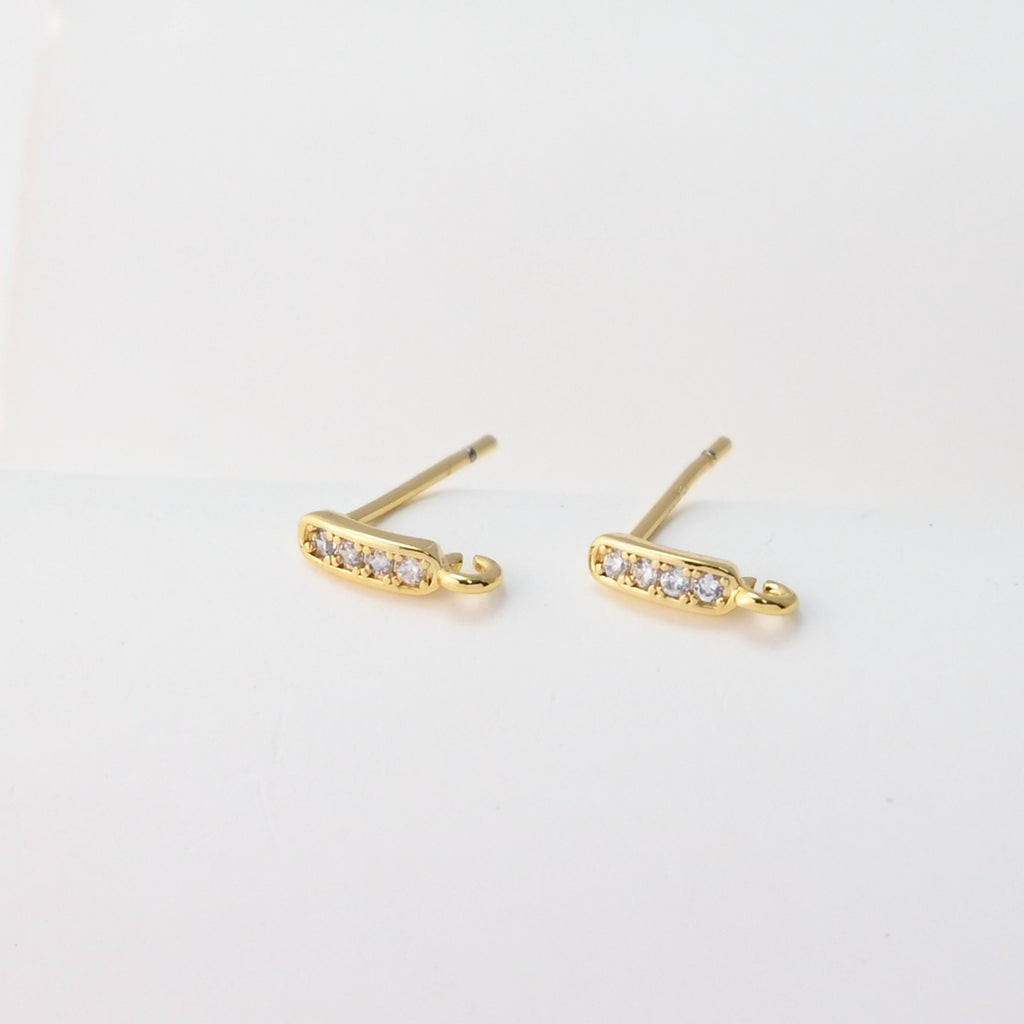 CZ Pave Rectangular Earring Post With Loop, S925 Silver Pin Nickel Free Post, 18K gold Plated, Hypoallergenic Earring Findings S1461