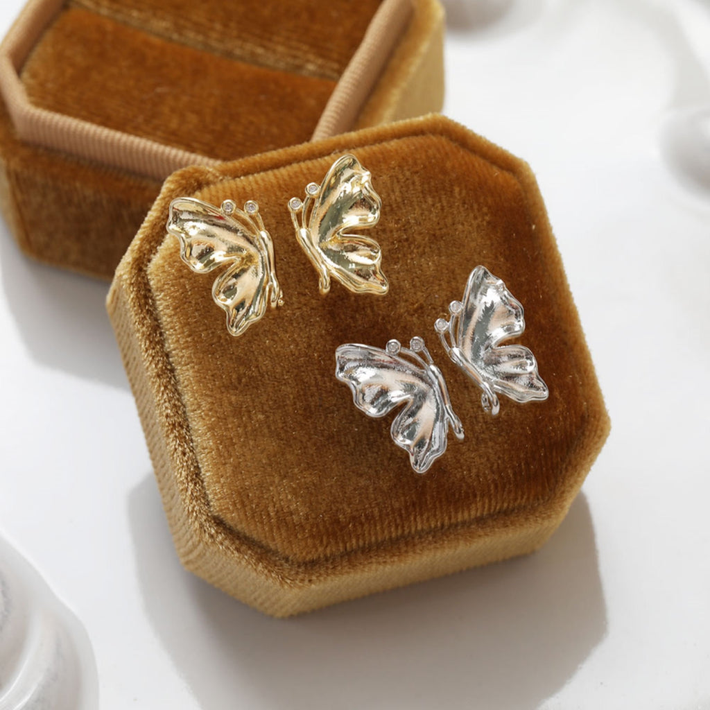 مشبك أذن على شكل فراشة، دبوس أذن من الفضة الاسترلينية عيار 925، خالٍ من النيكل، أقراط أذن، أقراط مرصعة مطلية بالذهب عيار 14 قيراطًا BB124
