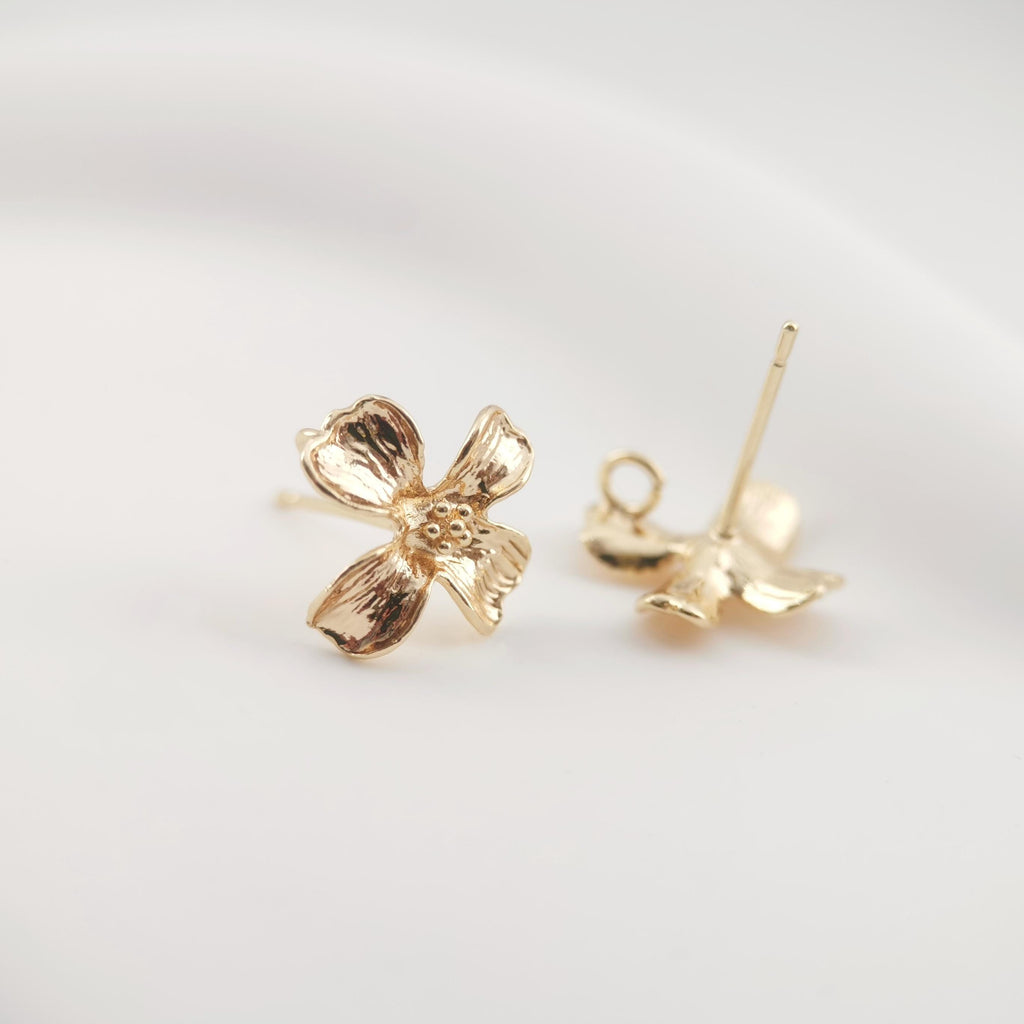 4PCS Flower Earring Post, 18K Real Gold Plated Brass Stud Earring With Loop, S925 Silver Ear Stick, Nickel Free, Earring Finding ZX043