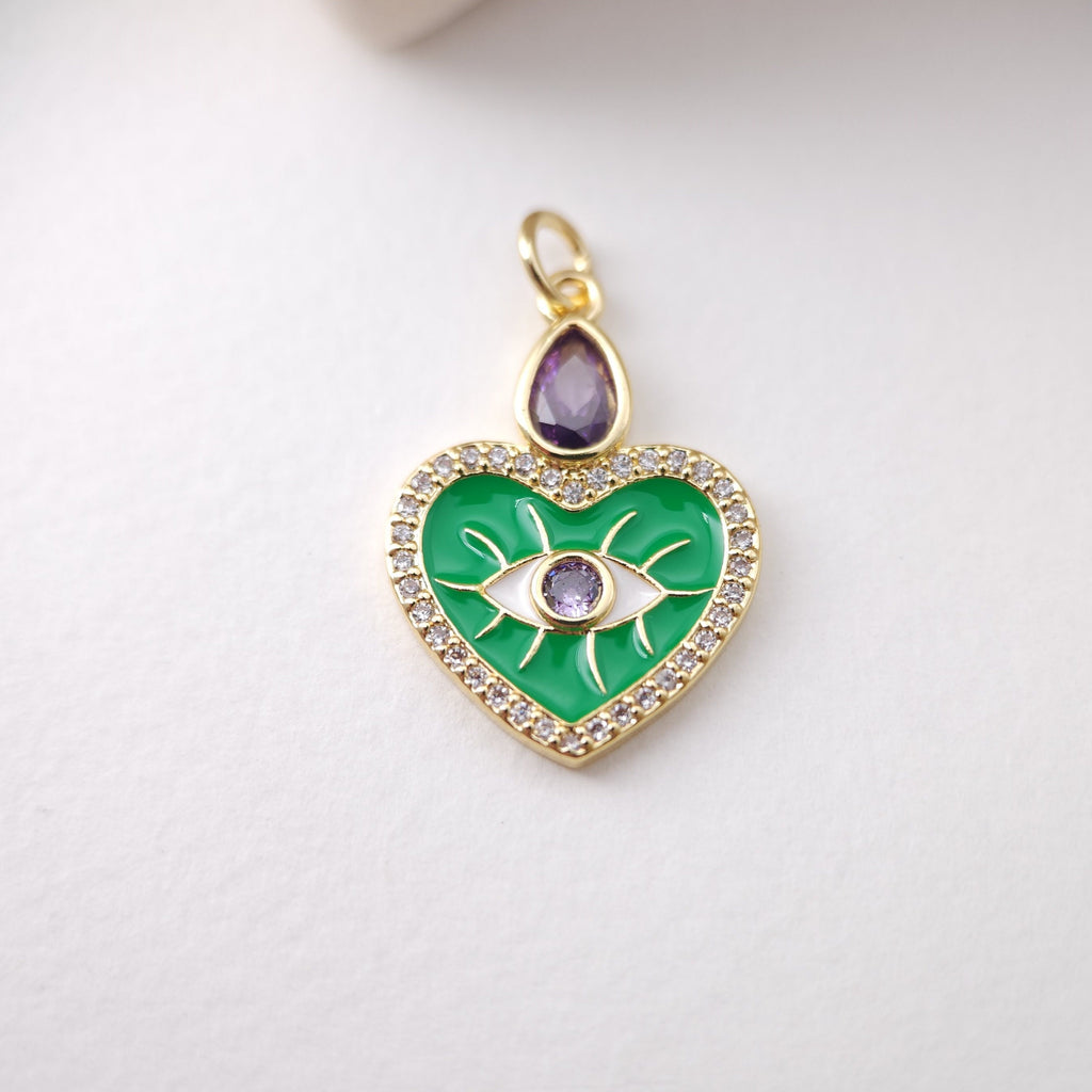 Heart Shape Evil Eye Charm, 18K Gold Plated Micro CZ Pave Enamel Eye Pendant, Necklace Making Charm, Jewelry Findings S1199