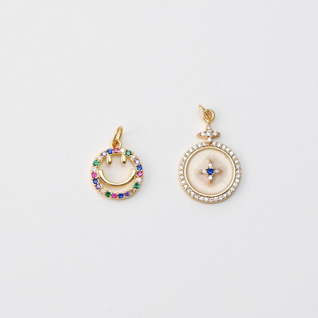 Smile Face Charm, Enamel Round Star Charm, Rainbow CZ Pave, 18K Gold Plated, CZ Pave Pendant, Necklace Jewelry Finding