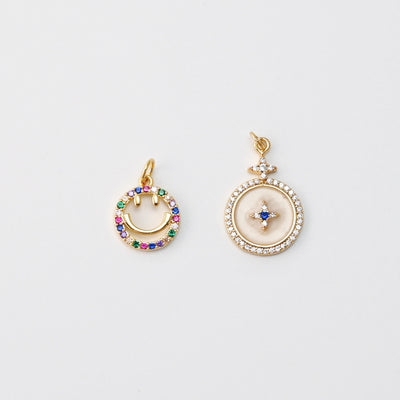 Smile Face Charm, Enamel Round Star Charm, Rainbow CZ Pave, 18K Gold Plated, CZ Pave Pendant, Necklace Jewelry Finding
