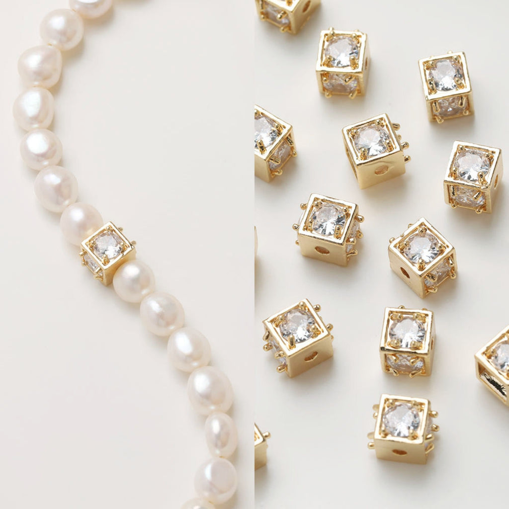 Square Cube Beads, 18K Gold Plated Beads, CZ Pave Bracelet Beads, Square Spacer Beads, Jewelry Finding JG025