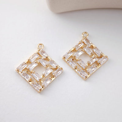 CZ Pave Rhombic Charm, Cubic Pendant, Real Gold Plated Brass Earring Charms, Jewelry Findings D0059