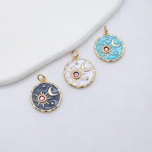 Load image into Gallery viewer, Enamel Cubic Moon &amp; Star Charm, 18K Gold Plated Multicolor Pave Round Pendant, 18mm, Necklace Making Charm, Jewelry Findings S20235
