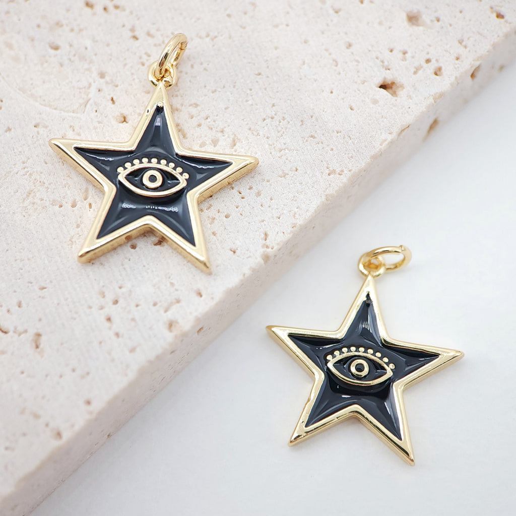 Enamel Star Charm, 18K Gold Plated Evil Eye Pendant, 20x22mm, Necklace Bracelet Making Pendant, S993