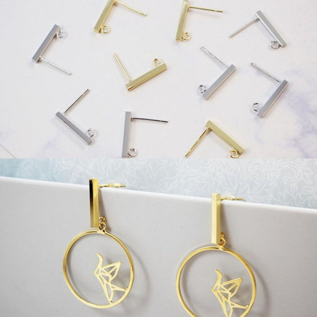 10pcs Rectangular Mini Ear Post with Loops, S925 Silver Ear Pin, Nickel Free, 18K Gold/ Silver Plated Stud Earring Finding GZ201