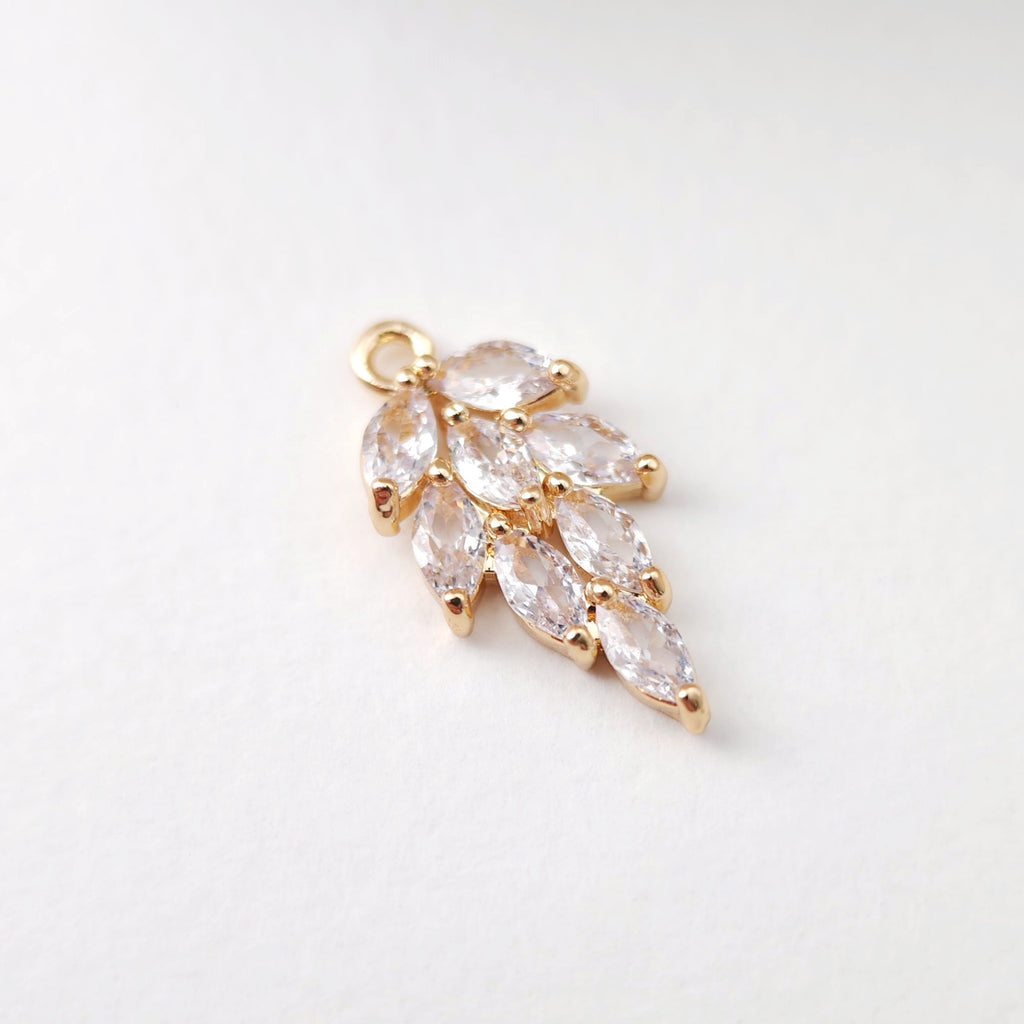CZ Pave Leaf Charm, Cubic Pendant, Earring Connectors, Real Gold Plated Brass Earring Charms, Jewelry Findings D0070