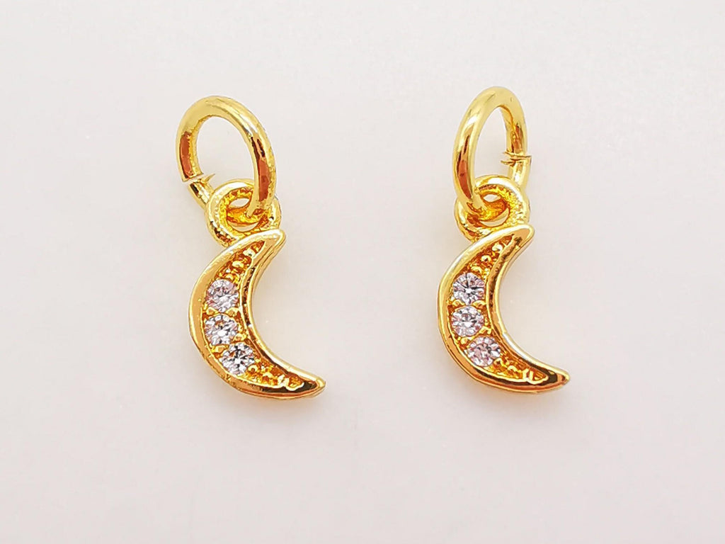 Cubic Crescent Moon Charm, 18K Gold Plated Moon Pendant, Clear Micro CZ Pave Horn Charms, 8x4mm, Jewelry Findings S760