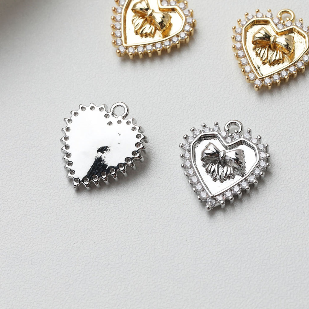 Gold Heart Pendant, CZ Pave, Bow Tie Pendant, Heart Charm for Necklace Making, Jewelry Findings GT041