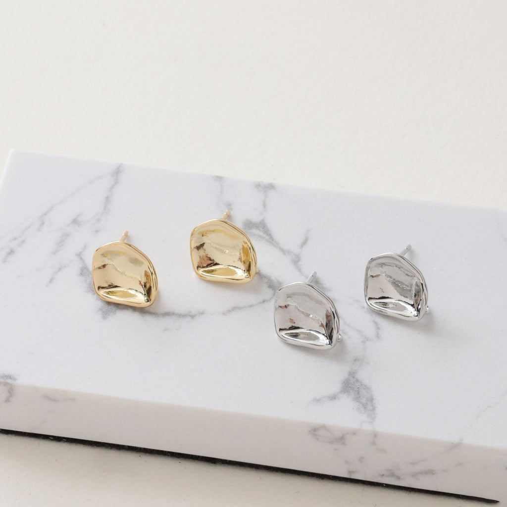 Hammered Irregular Earring Post, S925 Silver Pin, CZ Pave, Nickel Free Earrings, Irregular Shape Ear Stud with Loop JJ026-CX012