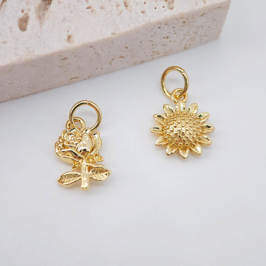 Gold Rose Flower Charm with loops, Sunflower Charm Pendant for Bracelet Necklace Earring, Jewelry Findings S20734