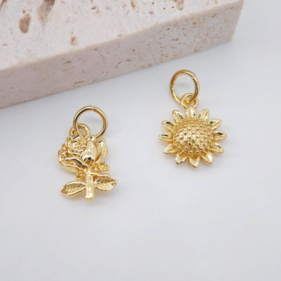 Gold Rose Flower Charm with loops, Sunflower Charm Pendant for Bracelet Necklace Earring, Jewelry Findings S20734