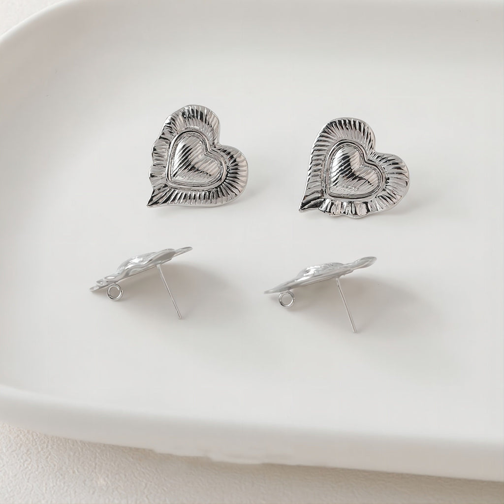 Gold Heart Earring Post, 14K Gold/Silver Nickel Free Earrings, S925 Silver Ear Pins, 20mm, Heart Shape Ear Stud with Loop JJ023