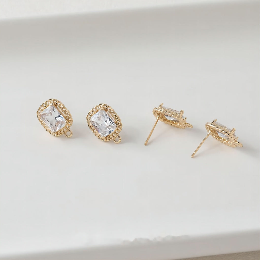 Vintage Rectangular Ear Post With Loop, S925 Silver Ear Pin Nickel Free, Gold/Silver Ear Stud, Hypoallergenic Earring Findings GE076