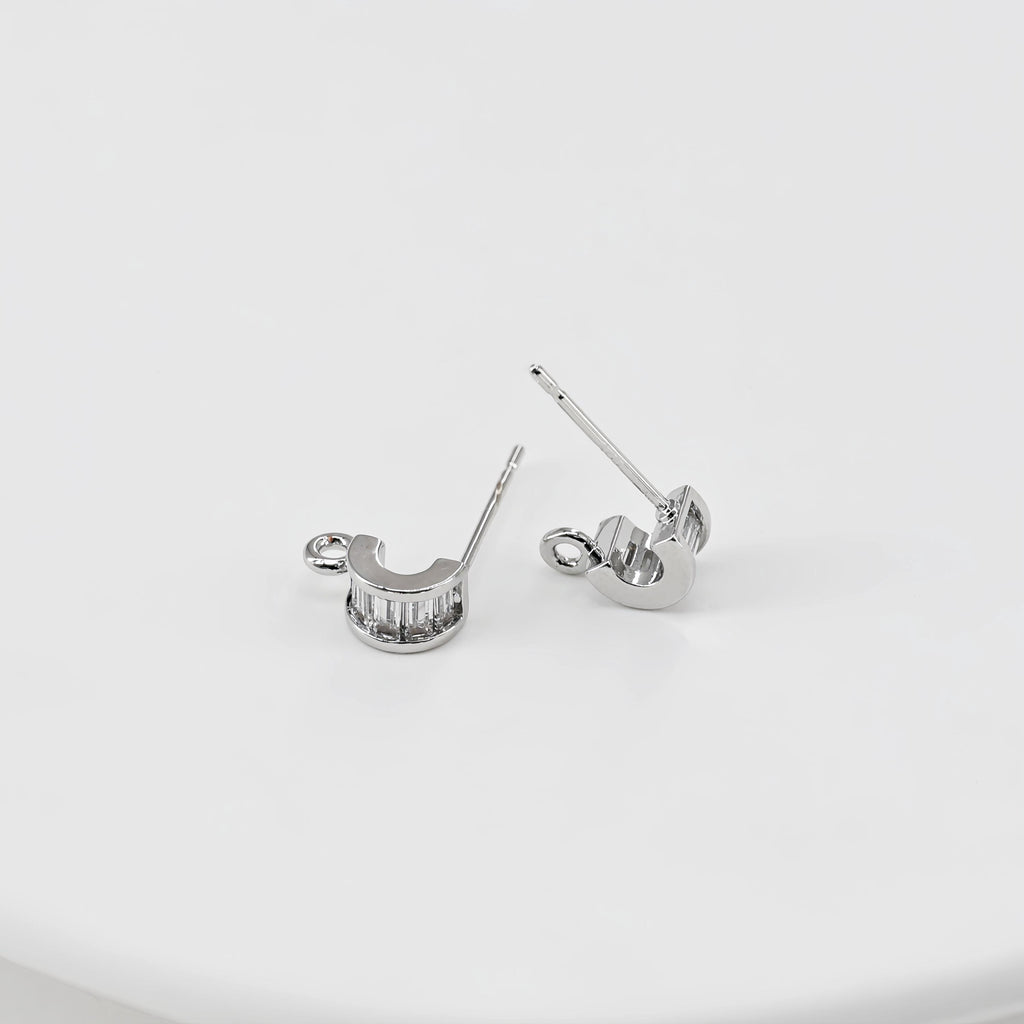 C Shape Ear Post, Nickel Free, CZ Pave, 9.7*4.3mm, S925 silver pin, 18K Gold Plated Stud Earring Finding D0446