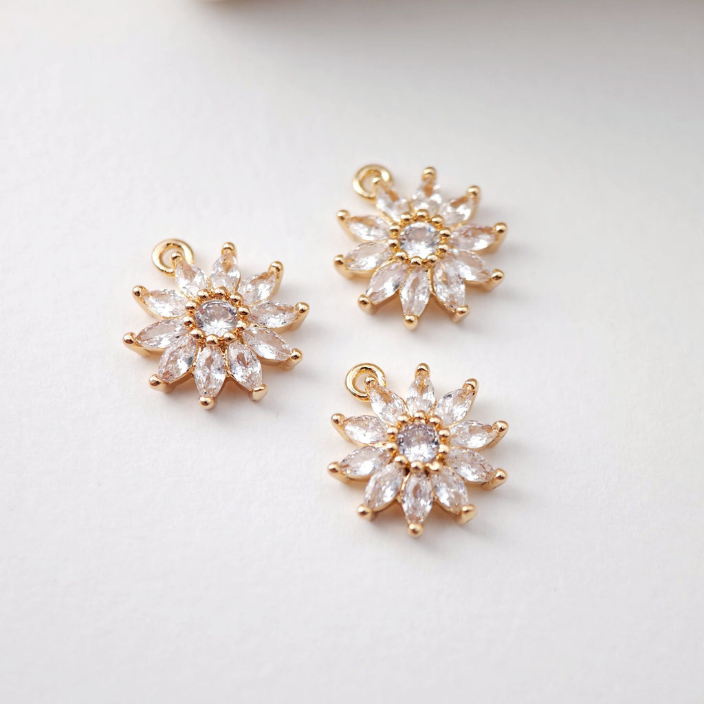 CZ Pave Flower Charm, Cubic Pendant, Earring Connectors, Real Gold Plated Brass Earring Charms, Jewelry Findings D0077