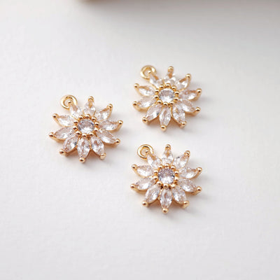 CZ Pave Flower Charm, Cubic Pendant, Earring Connectors, Real Gold Plated Brass Earring Charms, Jewelry Findings D0077