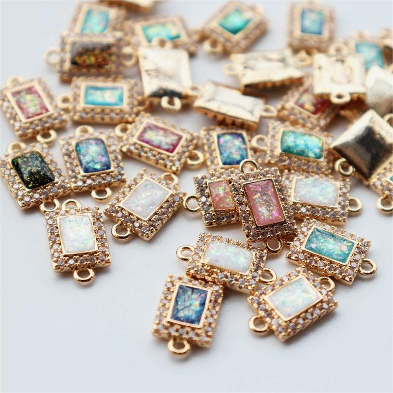 5pcs Faux Opal Rectangular Connectors, Cubic Zircon Crystal Pendant, Bracelet Necklace Pendant, 14K Gold Plated, Jewelry Findings JY083-F029