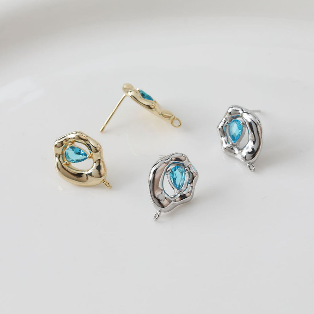 Irregular Zirconia Earring Post, 14K Gold/Silver, Blue CZ, S925 Silver Pin Nickel Free Earrings, Eye Shape Ear Stud with Loop BB032