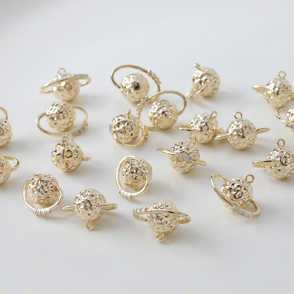 14K Saturn Planet Charm, 3D Pendant, 18K Gold Plated/Silver, Necklace Making Charms, Jewelry Findings GS004