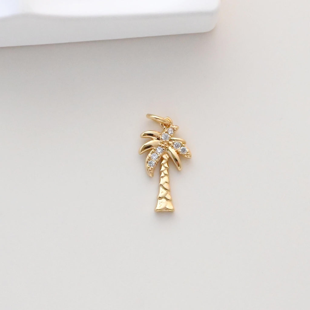 Flower Bouquet Pendant, Coconut Tree Charms, 18K Gold Plated, Cubic Pave Charms, Plants Pendant, Necklace Charms S1320