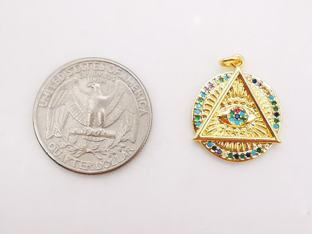 Enamel Heart Evil Eye Charm, Rainbow CZ Pave, Round Eye Pendant, 18K Gold Plated, Necklace Making Charm, Jewelry Findings