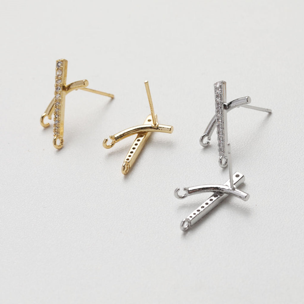 Cubic Crossover Post with Loop, S925 Silver Ear Pin Nickel Free Earring, Gold/Silver Cross Ear Stud, Hypoallergenic Earring Finding GT023