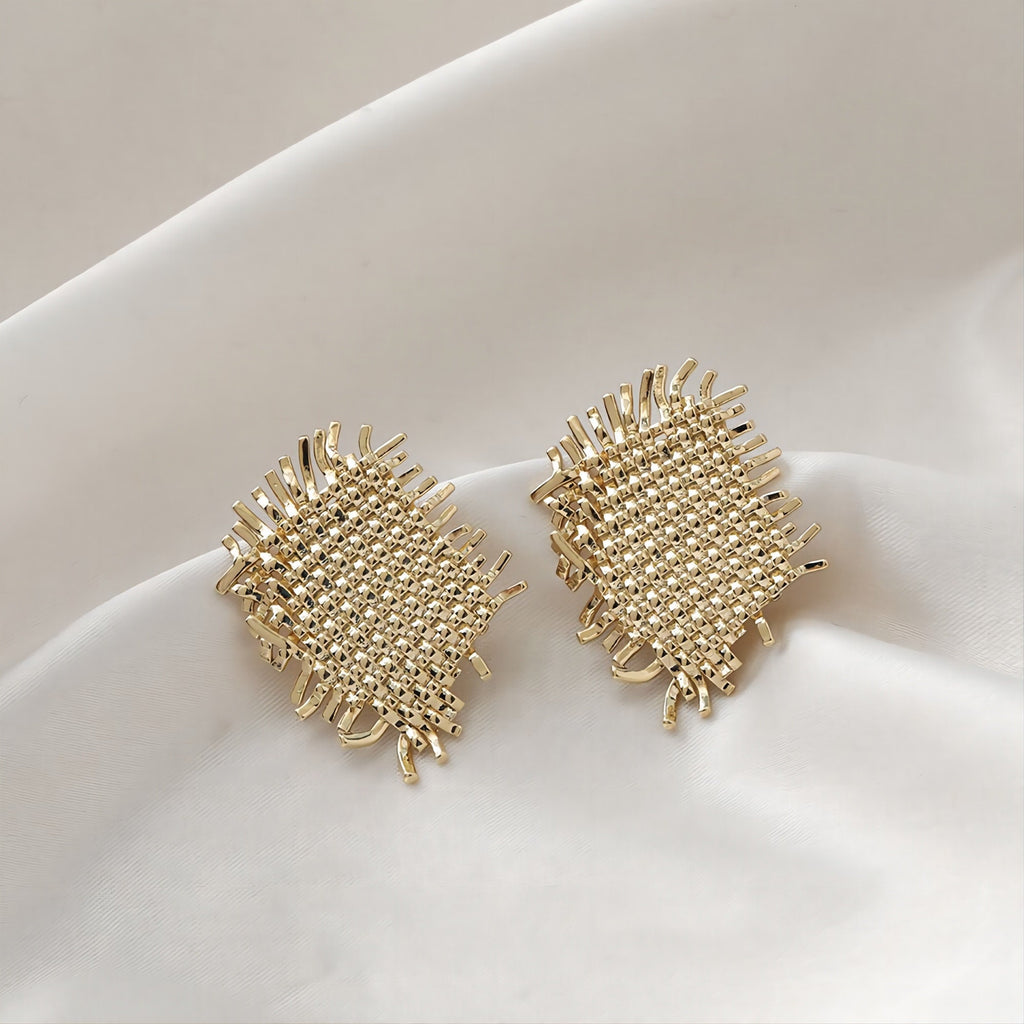 Woven Texture Earring Post, 14K Gold Plated, S925 Silver Pin, Nickel Free Earrings, Irregular Shape Ear Stud with Loop JJ027
