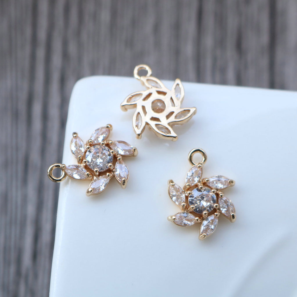 CZ Flower Charm, Cubic Zircon Crystal Flower Pendant, CZ Earring Charms, Gold Plated Brass Earring Charms, Jewelry Findings HL006-F202