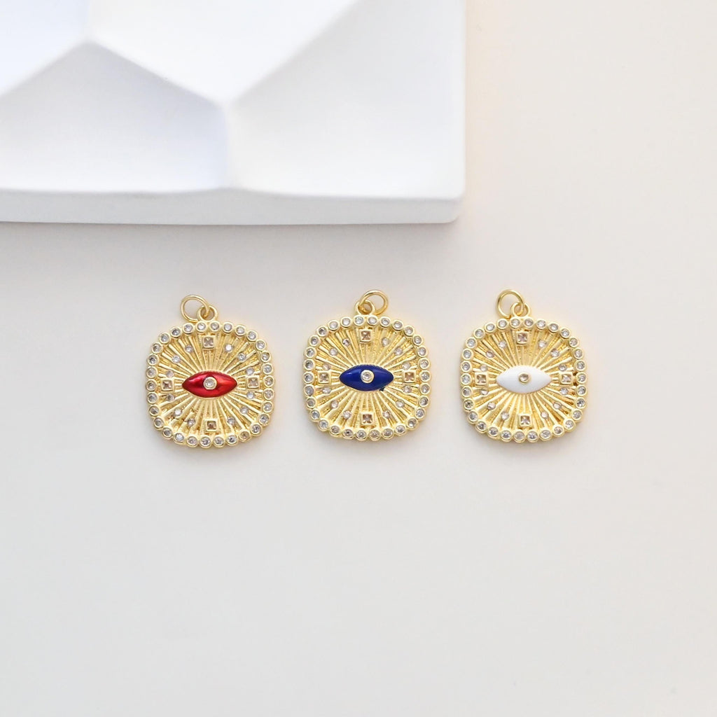 CZ Pave Square Charms, Enamel Evil Eye Charm, 18K Gold Plated Eye Pendant, For Necklace And Earrings Making Charm, Jewelry Findings S1342