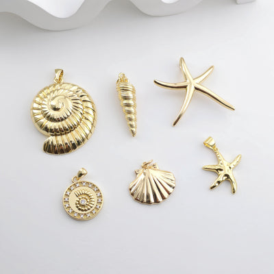 Gold Marine Life Pendant, 18k Gold Plated Brass Charm, Polish Gold Shell Pendant, Starfish Charm, Necklace Making, Jewelry Findings S1299