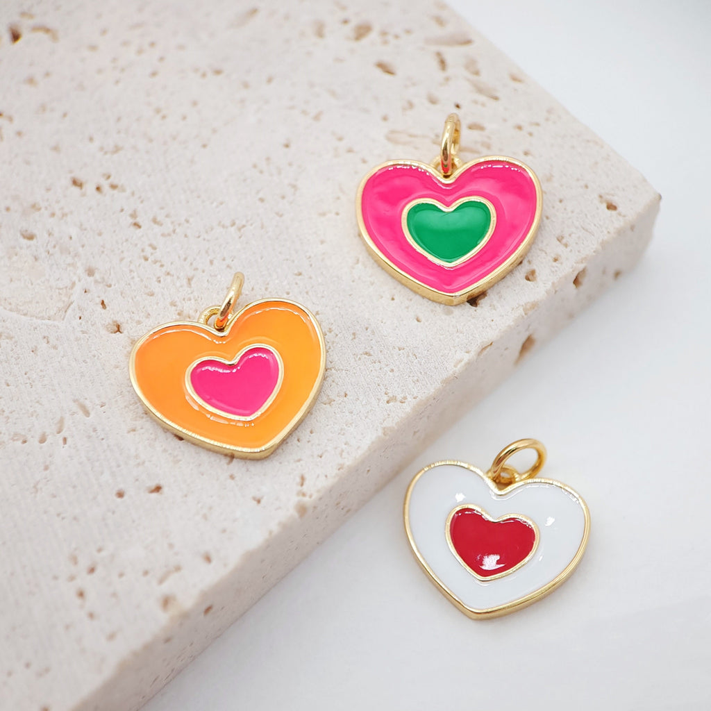 Enamel Heart Charm, 18K Gold Plated Heart Pendant, 15mm, Necklace Bracelet Making Pendant S20461