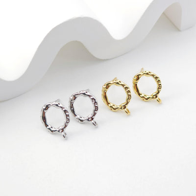 18K Gold Hammered Circle Post With Loop, S925 Silver Pin, Round Stud Earring Nickel Free, 14.6*11.5mm, Hypoallergenic Earring Findings D0231