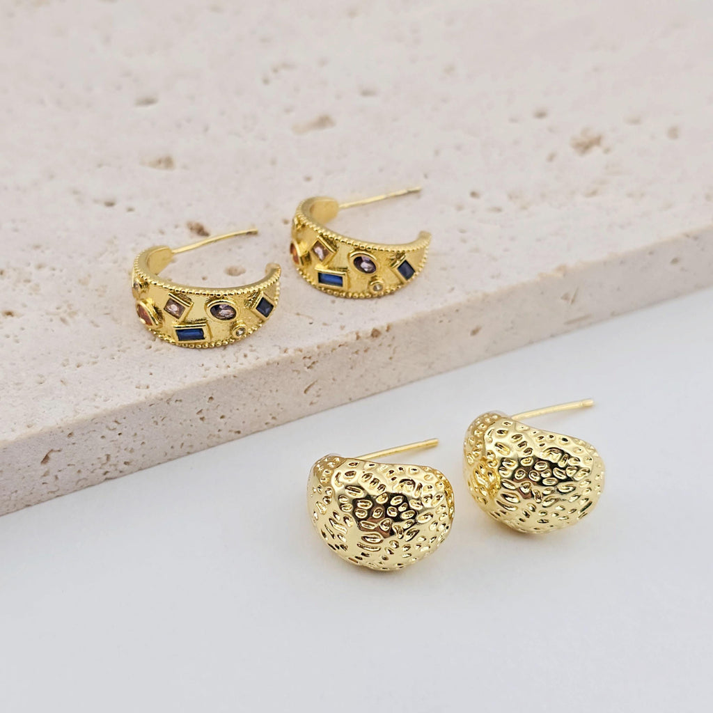 C Shape Ear Post, Cubic Zirconia Pave, Nickel Free, 18K Gold Plated Stud Earring Finding S1260