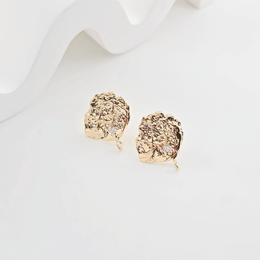Irregular Pleated Post with Loop, 18K Gold Plated, Pave CZ, S925 Silver Pin Nickel Free Earrings, Hypoallergenic Earring Findings ZX282