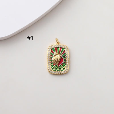 Rectangular Card Charm, Enamel Pendant, 18K Gold Plated, CZ Pave Pendant, Marine Life Pendant, Necklace Making Charm, Jewelry Findings S1388