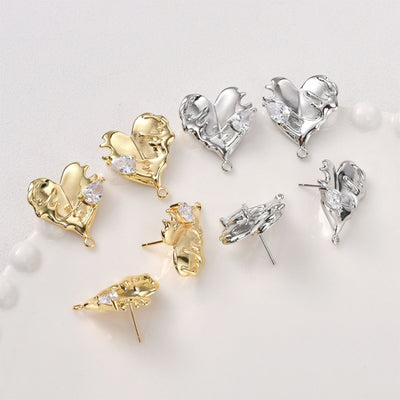 Irregular Leaf  Love Heart Ear Post With Loop, S925 Silver Ear Pin  , Gold/Silver Ear Stud, Hypoallergenic Earring Findings LL156-D0309